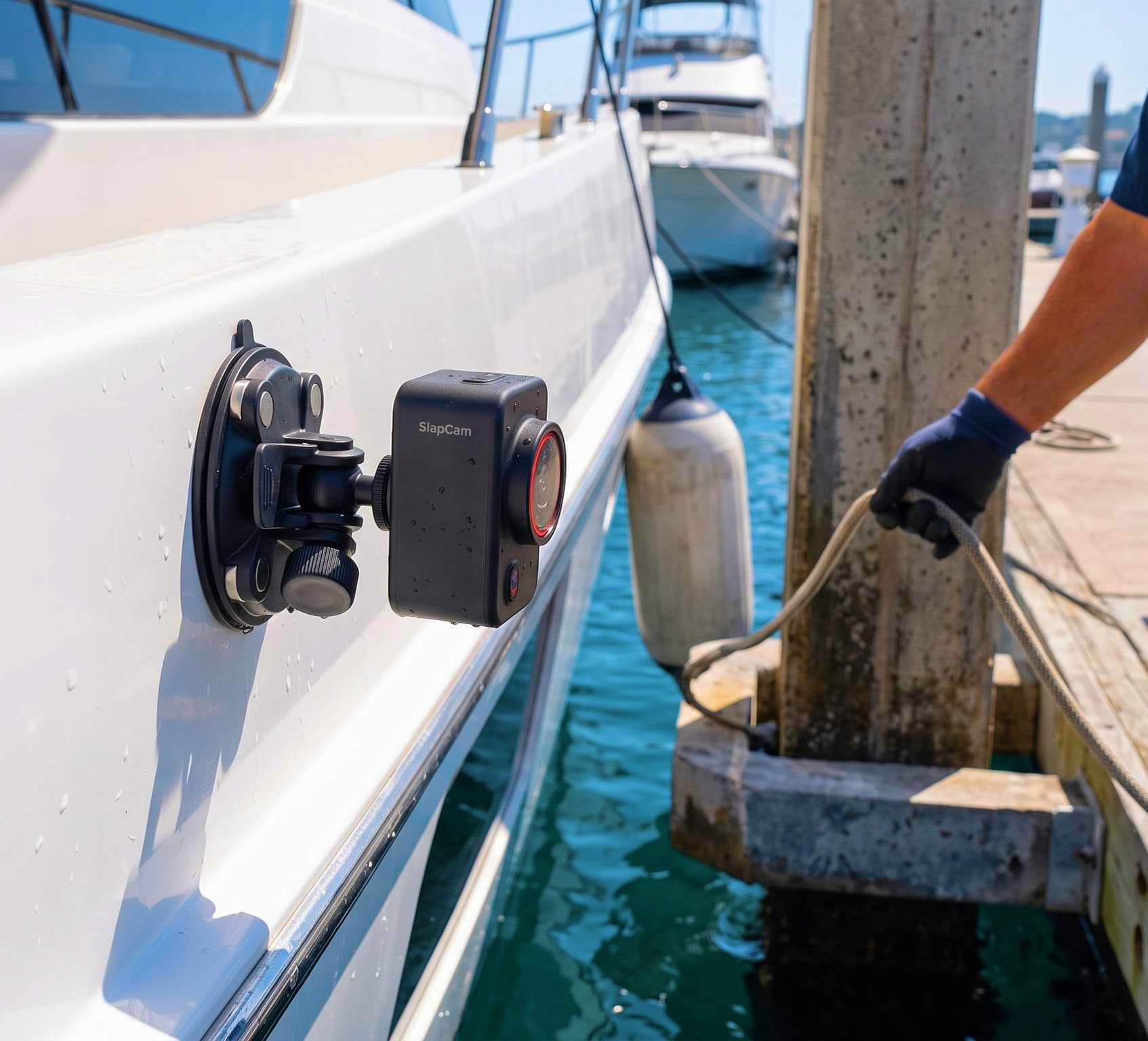 SlapCam suction-mounted on a boat hull at the dock